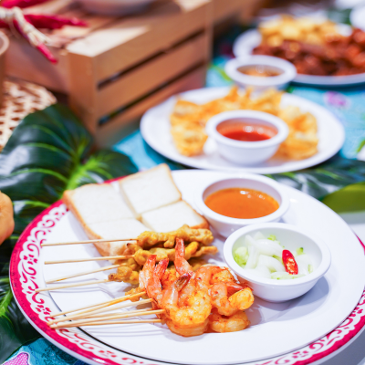 Shrimp skewers with satay sauce