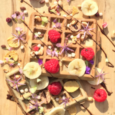 Waffles with matcha green tea and flowers