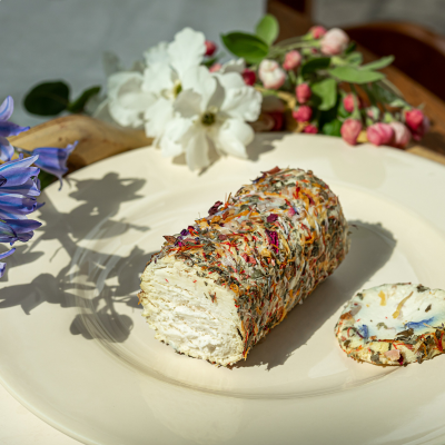 fresh chevre with goat cheese and flower petals